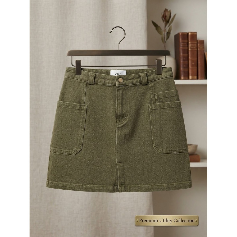 Vigoss Premium Utility Collection Olive Green Denim Mini Skirt Women Size M NEW